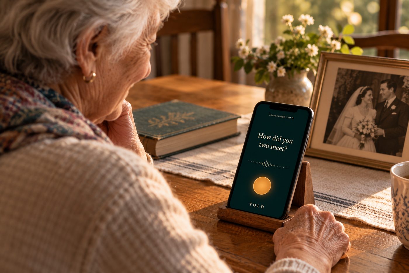 An older woman at her kitchen table, chin in her hand, looking at a phone in a wooden stand. The Told app on the screen asks: How did you two meet? A framed wedding photograph stands beside it.