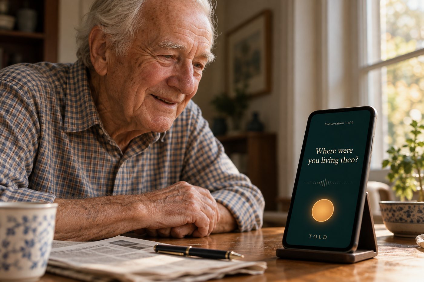 An older man smiling at a phone in a stand on his table. The Told app asks: Where were you living then? A single round button glows below the question.