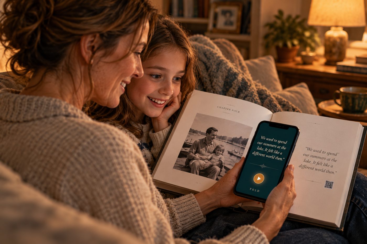 A mother and her young daughter on a sofa with an open Told hardcover. The mother holds a phone over a printed code beside a quote; the phone plays the same words, and the daughter listens, delighted.