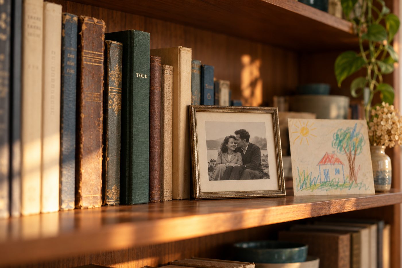 A dark green Told hardcover on a family bookshelf between old books, beside a framed black-and-white photo of a young couple and a child's drawing, in warm evening light.